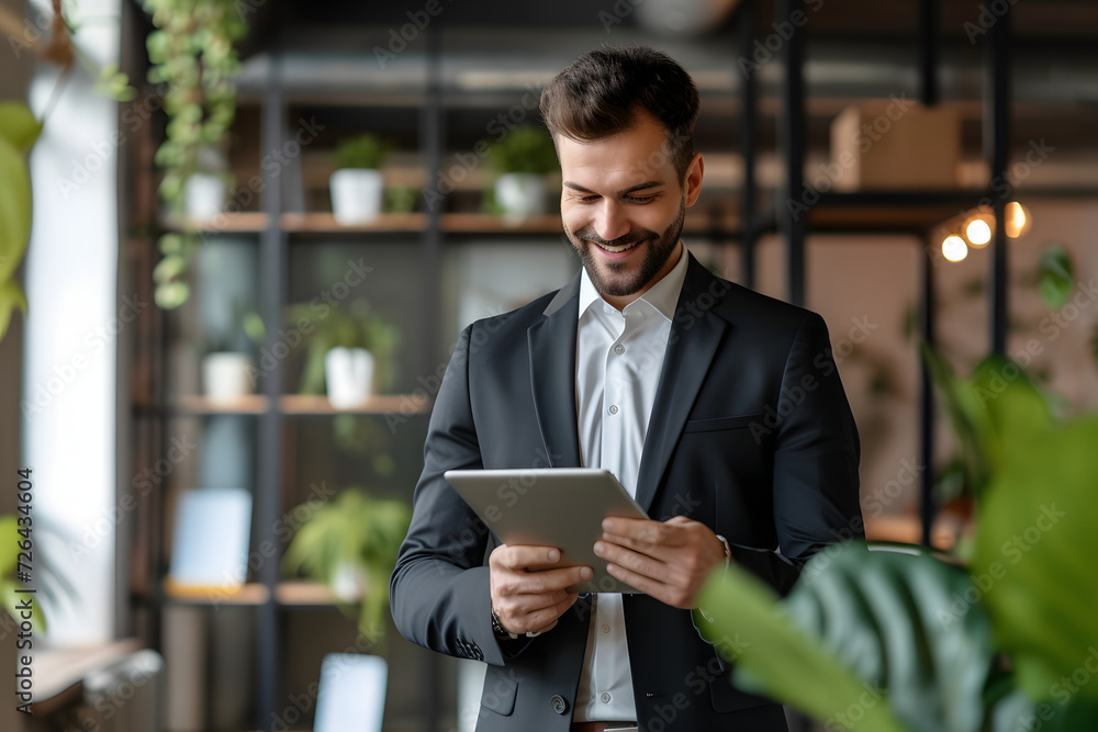 Young man holding tablet, businessman executive at the office Young man holding tablet, businessman executive at the office