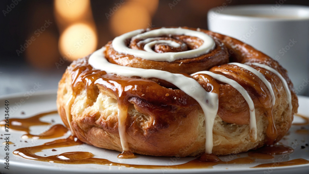 Cinnamon roll recipe food banner. Cinnabon bun with white cream close-up Cinnamon roll recipe food banner. Cinnabon bun with white cream close-up