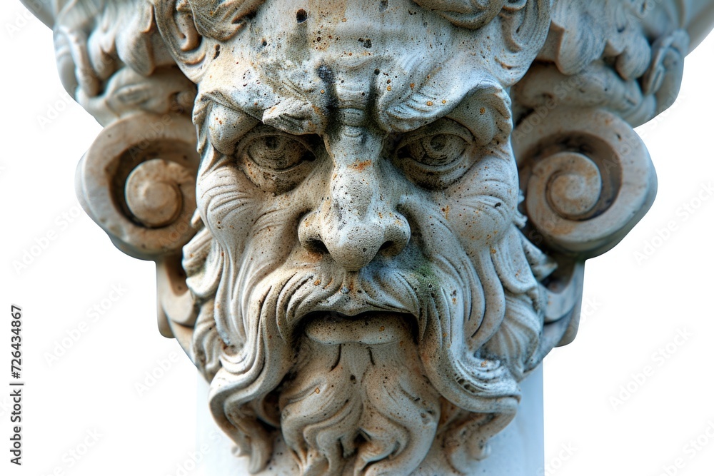 A detailed close-up of a statue depicting a man with a beard. This image can be used in various contexts