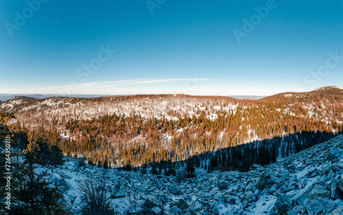 View on amazing winter landscape in mountain coniferous forest.