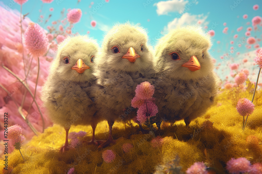 Three Chicks Amidst Spring Blossoms - Generative AI