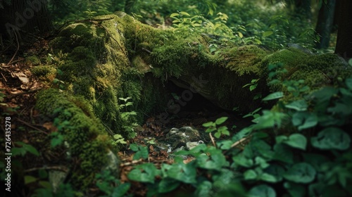 A photograph of a moss covered tree trunk in the woods. Perfect for nature-themed designs and environmental concepts