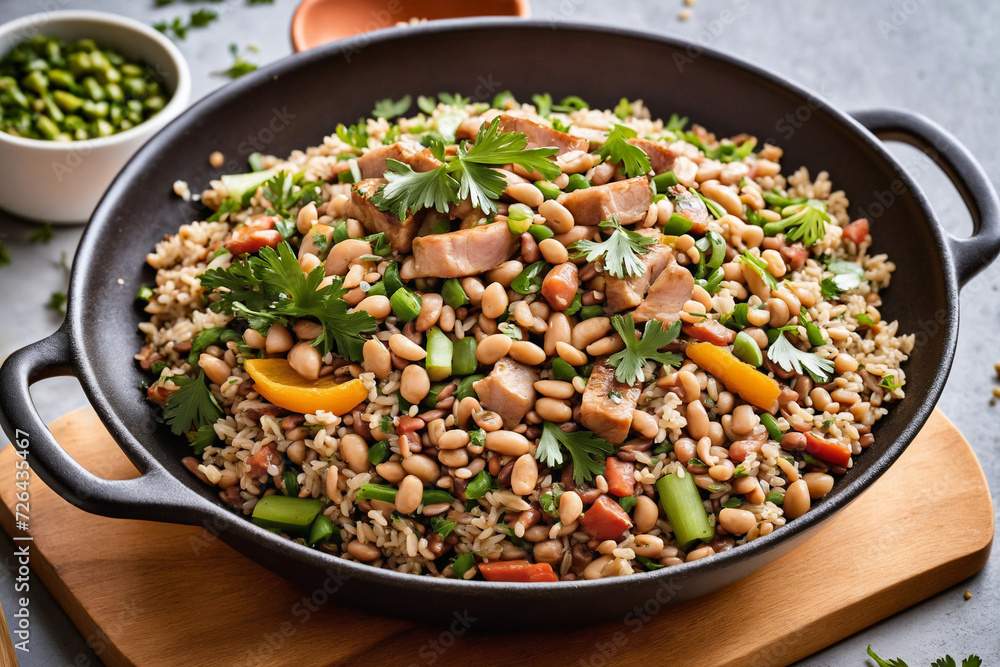 Hoppin' John stir-fry with garlic, canadian bacon, celery, black-eyed ...