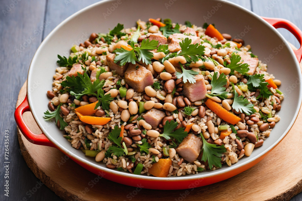 Hoppin' John stir-fry with garlic, canadian bacon, celery, black-eyed ...