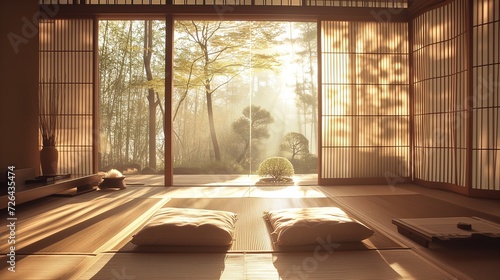 Japanese Interior living room Sunlight streams through delicate shoji screens, illuminating a tatami mat floor adorned with low-slung zabuton cushions and a minimalist ikebana arrangement.