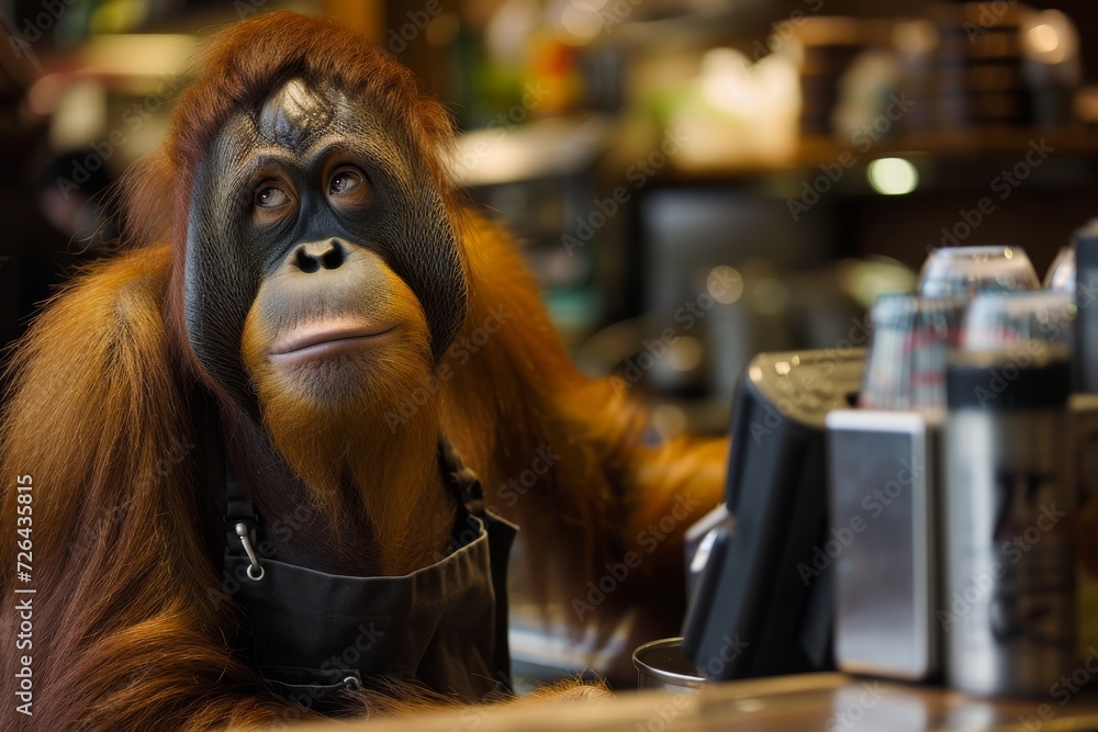 An industrious orangutan takes on the role of a chef, donning an apron and showcasing the intelligence and adaptability of this great ape in an indoor setting
