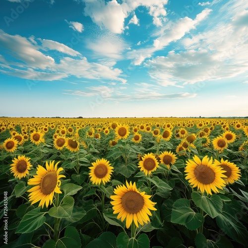 Field of yellow sunflowers in summer