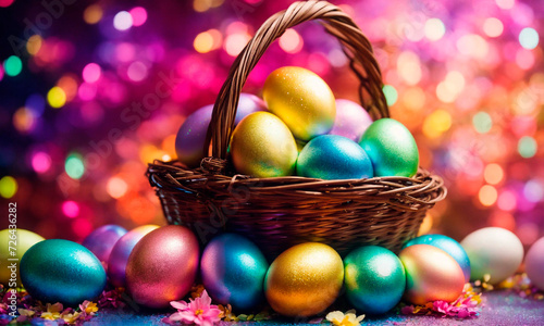 Basket with Easter eggs. Selective focus.