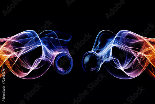 Two sound speakers in neon light with sound wave between them on black background with copy space