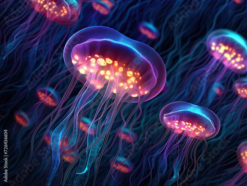 Bioluminescent Jellyfishes Illuminating the Deep Sea - Generative AI © Zeynep