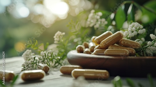 A wooden bowl filled with pills and flowers. Can be used to represent the concept of natural remedies or the contrast between medicine and nature
