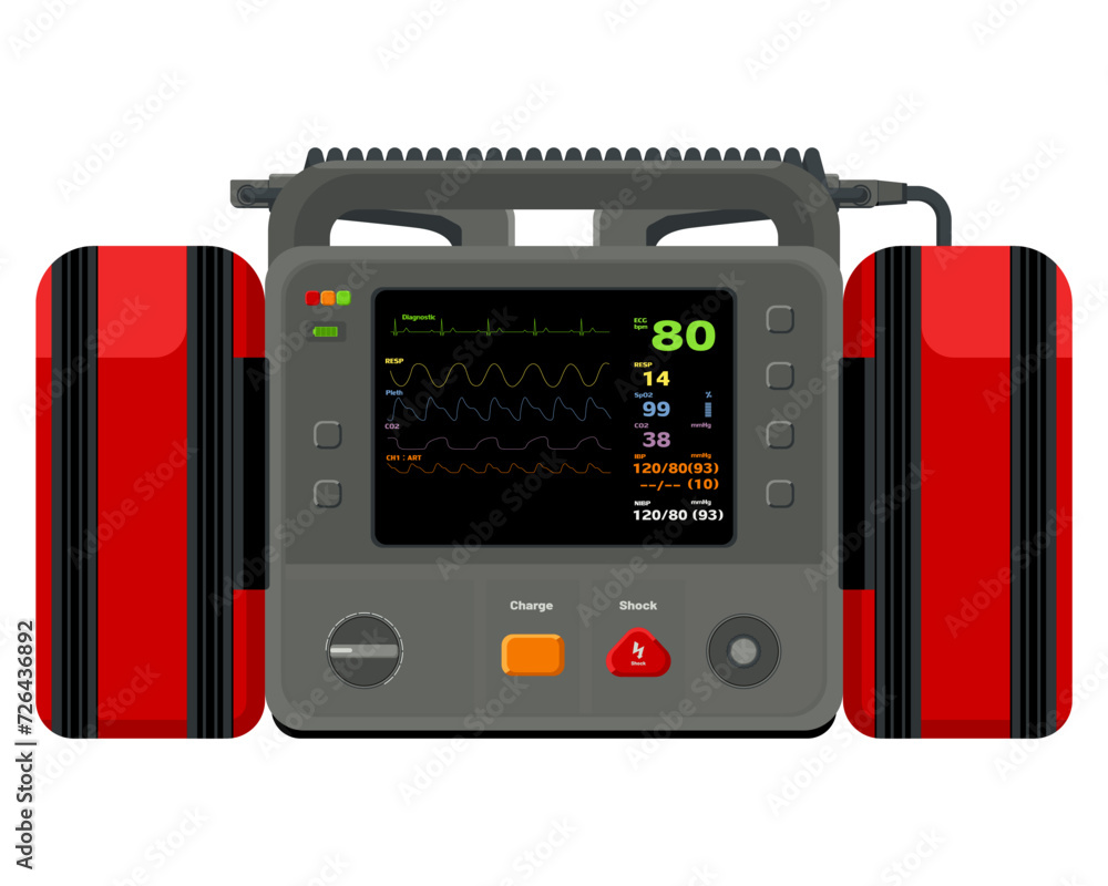 Obraz premium Defibrillators, medical devices They are used to treating sudden cardiac arrest, condition in which the heart stops beating suddenly unexpectedly. Emergency medical equipment. Flat design. 