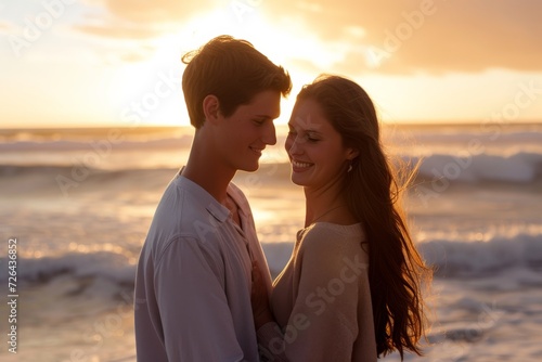 As the sun sets on the shore, a happy couple stands in the embrace of love, their faces lit up by the warm colors of the sky and ocean, capturing the essence of romance and the beauty of nature in th