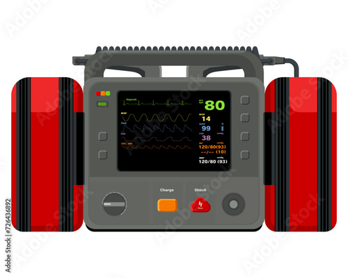 Defibrillators, medical devices They are used to treating sudden cardiac arrest, condition in which the heart stops beating suddenly unexpectedly. Emergency medical equipment. Flat design. 