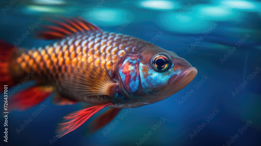 A Living Tropical Fish Swimming in Blue Water - Generative AI A Living Tropical Fish Swimming in Blue Water - Generative AI
