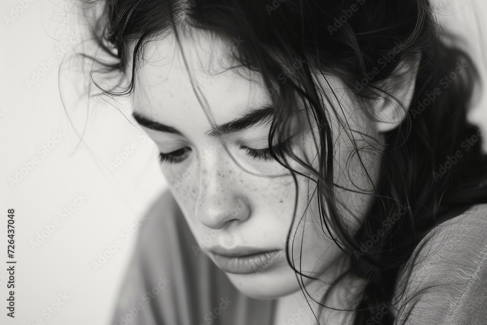 A striking monochrome portrait of a woman, her captivating gaze and delicate features highlighted by the play of light and shadow, evoking a sense of beauty and mystery A striking monochrome portrait of a woman, her captivating gaze and delicate features highlighted by the play of light and shadow, evoking a sense of beauty and mystery