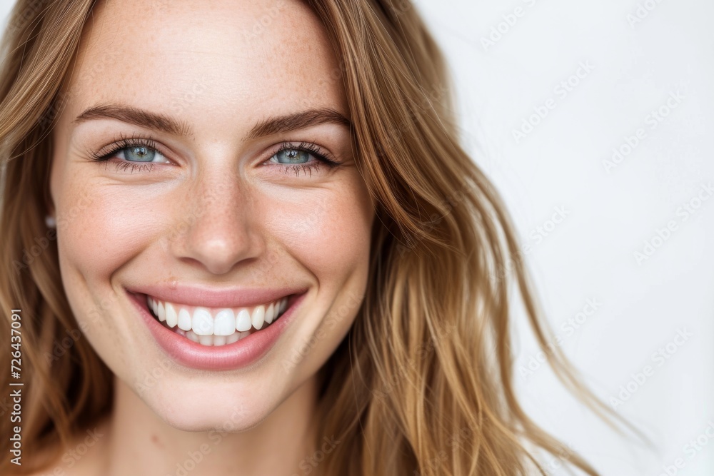 A radiant woman's genuine smile lights up the frame, highlighting her flawless skin, luscious lips, and mesmerizing eyes in this stunning close-up portrait A radiant woman's genuine smile lights up the frame, highlighting her flawless skin, luscious lips, and mesmerizing eyes in this stunning close-up portrait