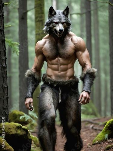 a man in a wolf mask standing in the woods photo