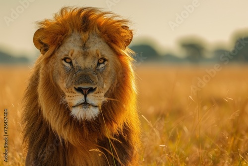 A majestic masai lion stands tall in a sea of golden grass  its fur glistening in the warm sunlight as it surveys its wild kingdom