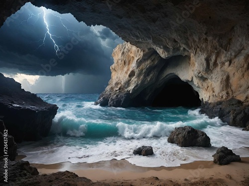 a beach with a cave and a lightning bolt