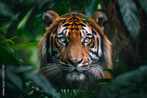 A majestic bengal tiger prowls through the lush jungle, its powerful snout and elegant whiskers blending with the surrounding foliage as it moves with grace and stealth © ChaoticMind