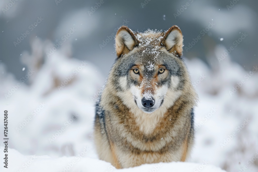 A fierce red wolf stands tall in the freezing snow, a powerful symbol of wild winter survival