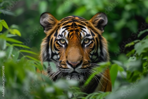 A majestic bengal tiger peeks through the bushes, its powerful snout and whiskers blending in with the surrounding plants, creating a breathtaking scene of wild beauty © ChaoticMind