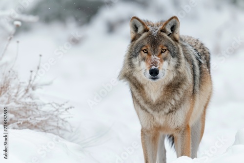 A majestic canis braves the freezing winter as it stands tall in the snowy wilderness, embodying the wild spirit of the outdoors
