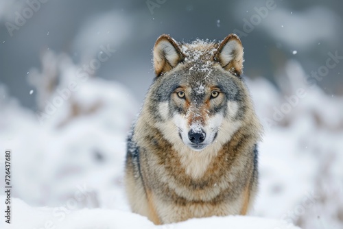 A fierce red wolf stands tall in the freezing snow, a powerful symbol of wild winter survival © ChaoticMind