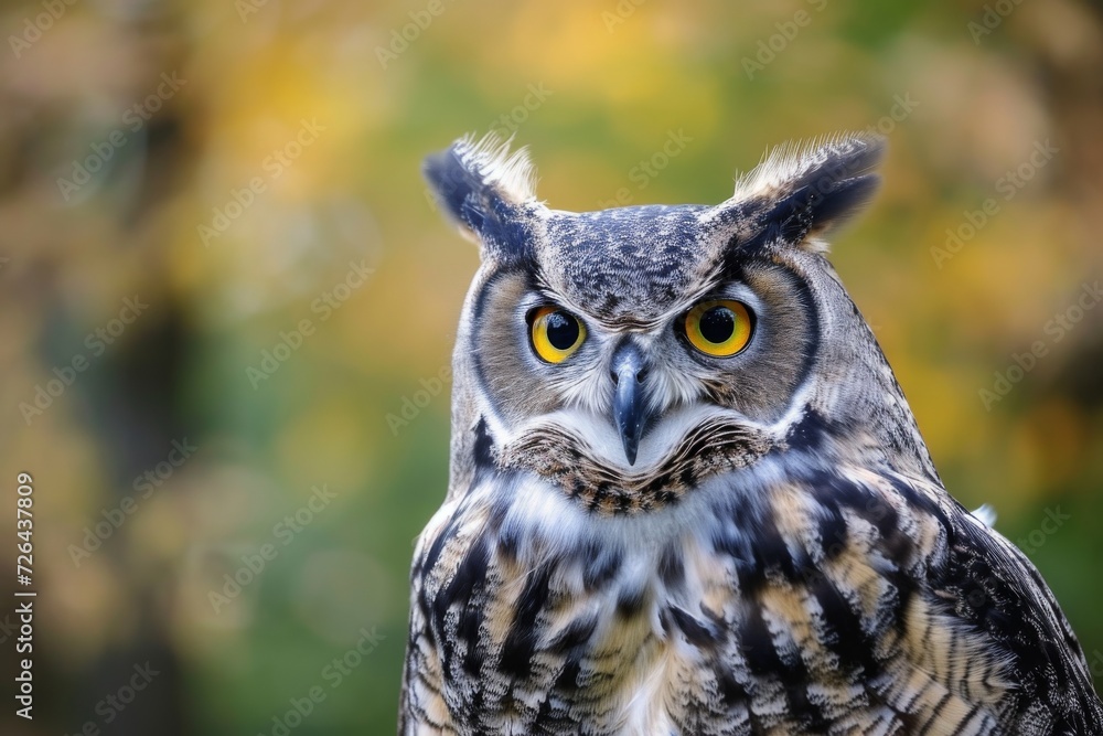 Captured in its natural habitat, a fierce screech owl gazes directly into the camera with piercing eyes, showcasing the majesty and wild beauty of this magnificent bird Captured in its natural habitat, a fierce screech owl gazes directly into the camera with piercing eyes, showcasing the majesty and wild beauty of this magnificent bird