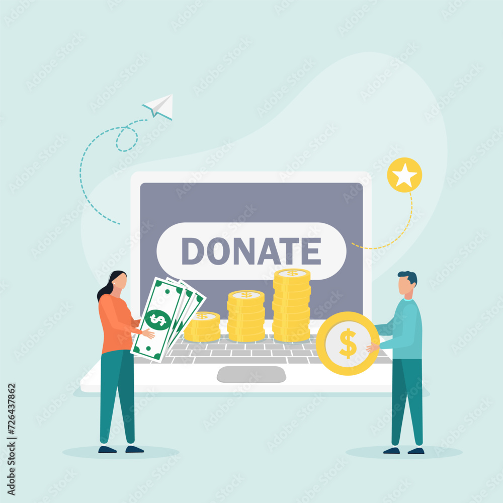 A guy and a girl donate money on a website. Internet charity, financial support concept. Flat style. Vector illustration
A guy and a girl donate money on a website. Internet charity, financial support concept. Flat style. Vector illustration