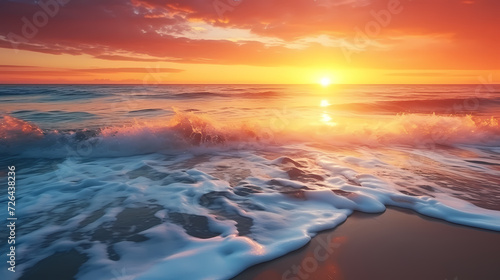 Sandy beach with light blue transparent water waves and sunlight, tranquil aerial beach scene