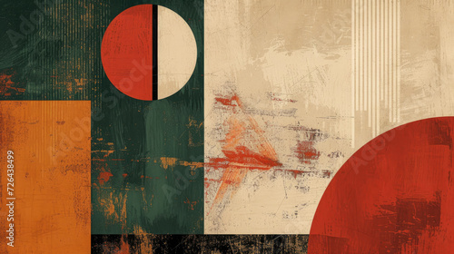 Abstract background in trendy Bauhaus style, combining clay red, pine green and camel brown with a linear pattern and spatial balance