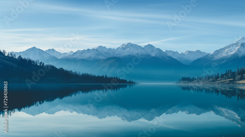 Serene Lake reflecting the Majestic Snow-Capped Mountains and Clear Blue Sky, creating a Mirror Image in the still water