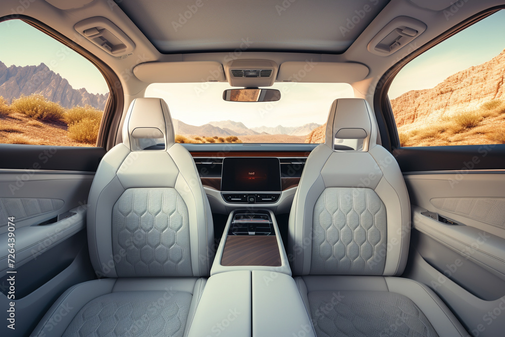 Modern luxury car interior. Leather seats. Car detailing. 3d render