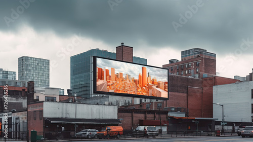 Billboard Amidst Buildings Under Cloudy Sky - Generative AI