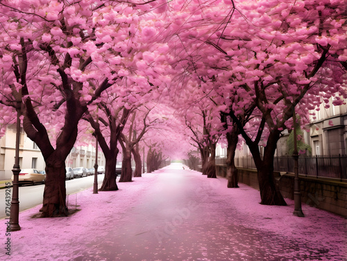 Beautiful pink blossom trees in roadside © Generative Ai