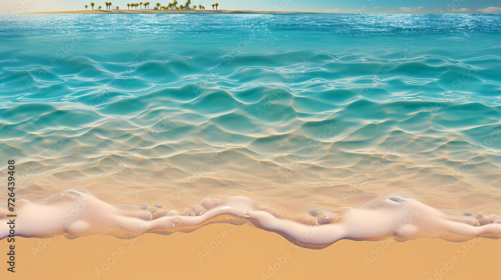 Sandy beach with light blue transparent water waves and sunlight, tranquil aerial beach scene Sandy beach with light blue transparent water waves and sunlight, tranquil aerial beach scene