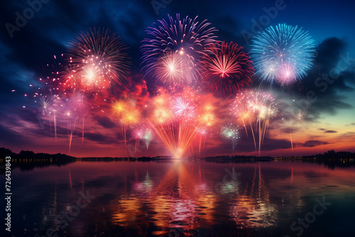 colorful fireworks over the lake in the evening sky, beautiful sky full of fireworks background wallpaper, celebration concept