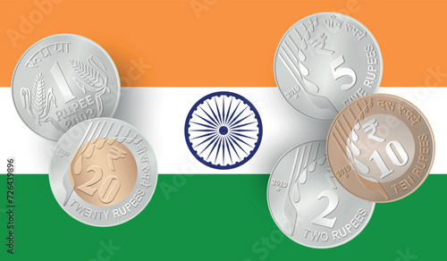 Set of Rupee coin of India with Indian flag. Vector illustration.