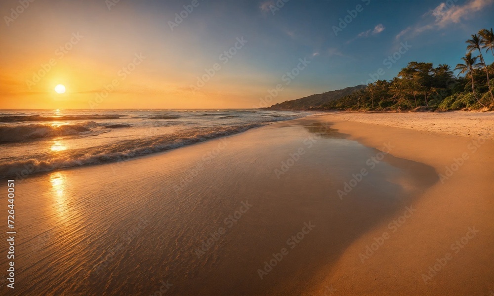 Beautiful tropical sunset scenery White sand, sea view with horizon, colorful twilight sky, calmness and relaxation.