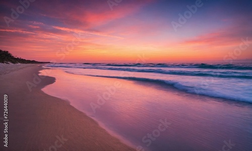 Beautiful tropical sunset scenery White sand, sea view with horizon, colorful twilight sky, calmness and relaxation. © Dompet Masa Depan