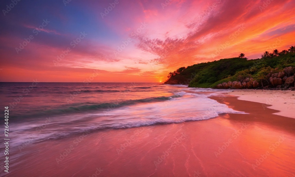 Beautiful tropical sunset scenery White sand, sea view with horizon, colorful twilight sky, calmness and relaxation.