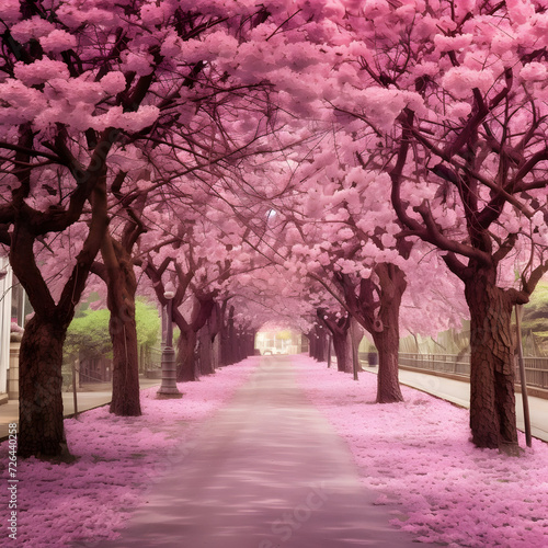 Beautiful pink blossom trees in roadside © Generative Ai