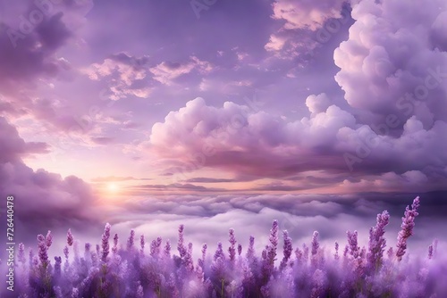 Fluffy lavender clouds tinged with hints of silver  creating a dreamlike atmosphere in the twilight sky.