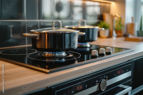 Stove top with a pot placed on top. Suitable for cooking and kitchen-related themes