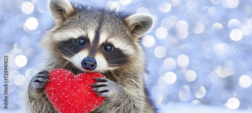 Cute raccoon presenting heart shaped gift on magical blurred background   valentine s day concept photo