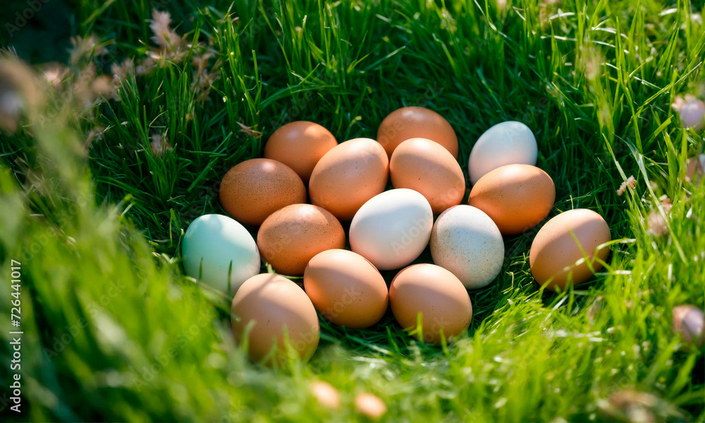 fresh chicken eggs on grass. Selective focus. fresh chicken eggs on grass. Selective focus.