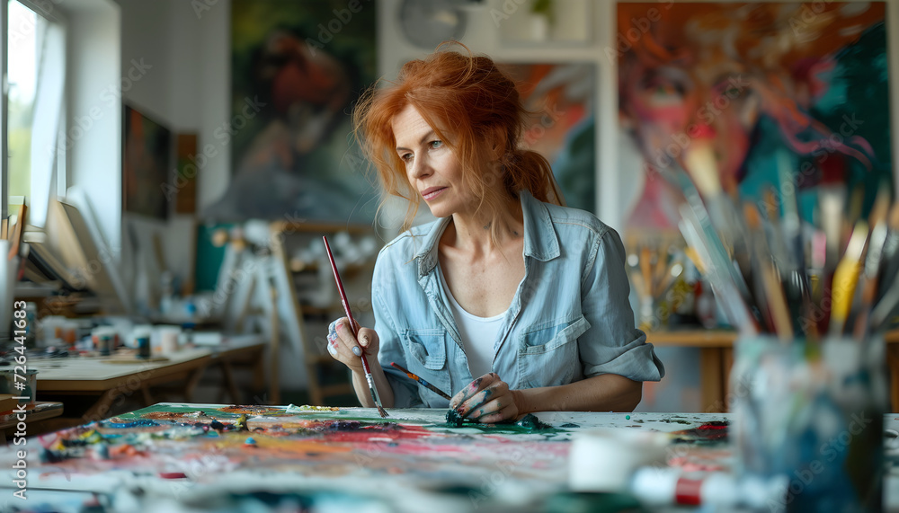 Fototapeta premium Creative Woman artist drawing with oil painting in her art studio, smiling carefree female making a new painting on a canvas.