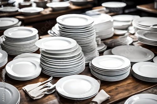 A stack of empty white plates in a restaurant kitchen.